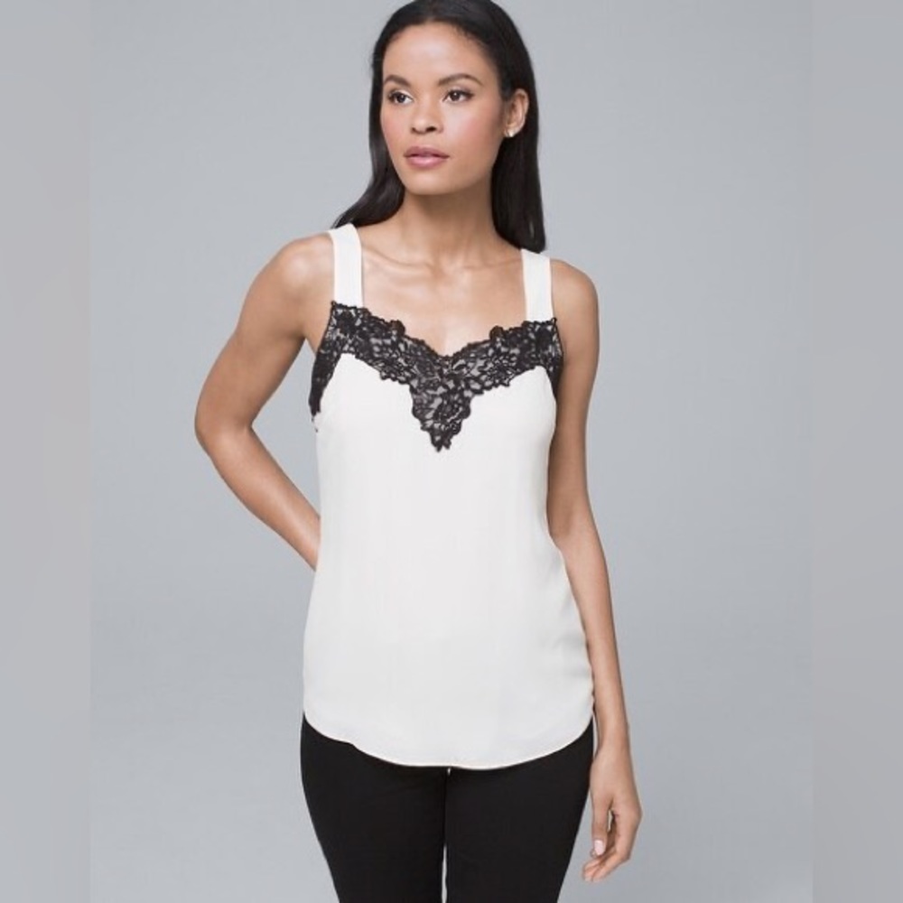 Sleeveless V-neck Lace Trim Camisole | Size XXS | Color Ecru w Black | WHBM